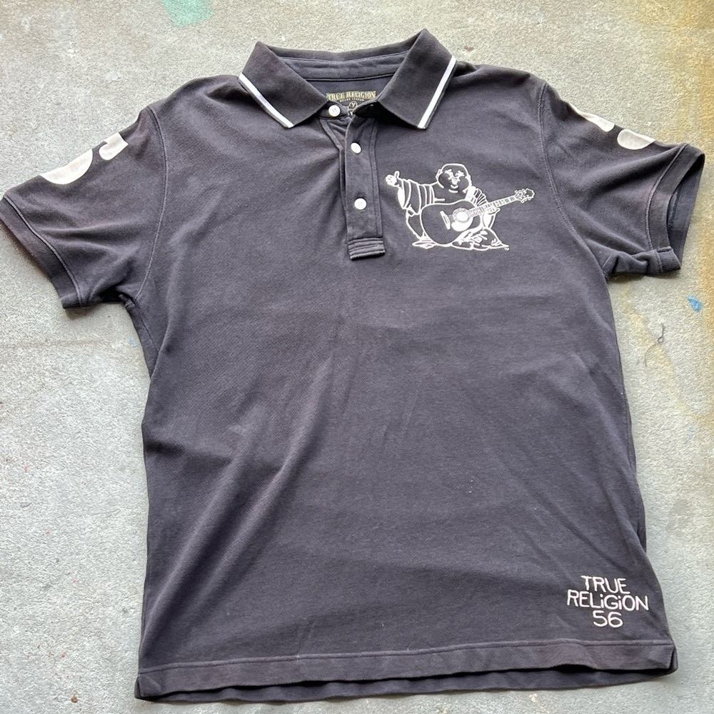 True Religion Men’s Short-Sleeve Polo Shirt Big Buddha Logo Black Men’s Large